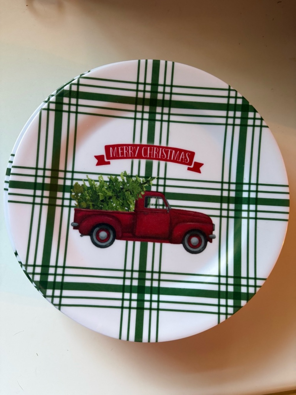 Plastic Merry Christmas Red Truck Holiday Saucers.  Never used